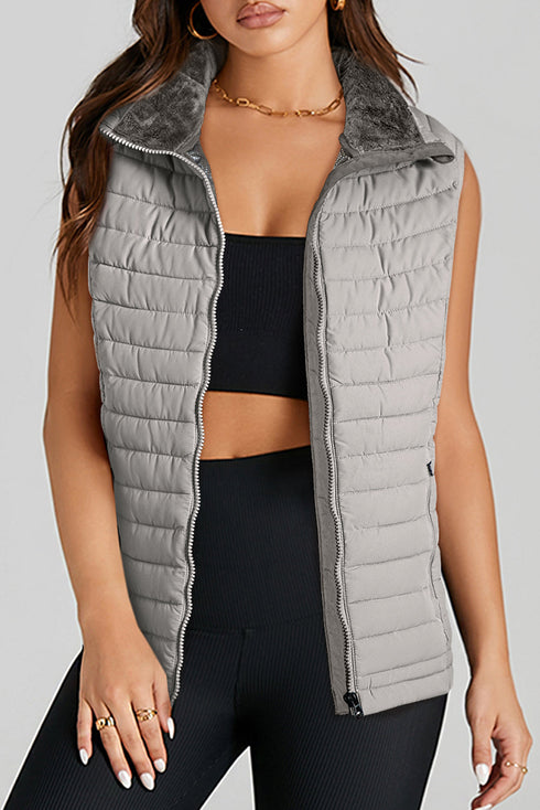Plush Collared Quilted Zipped Puffer Vest